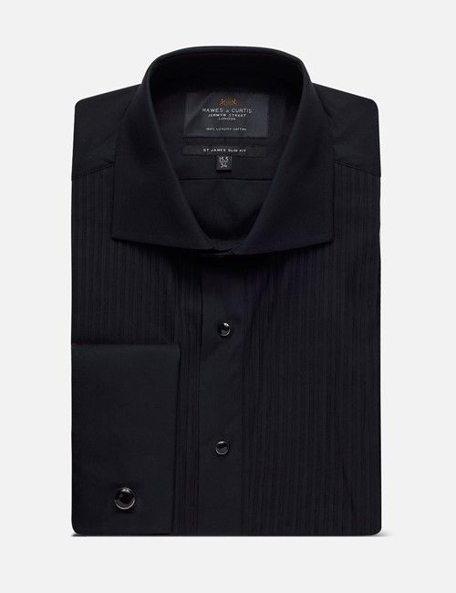 Black Pleat Front Slim Evening Shirt - Double Cuff-preview