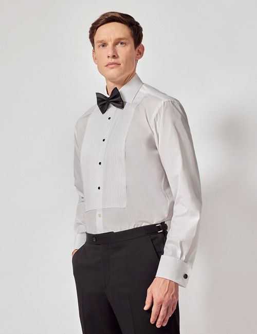 White Pleat Front Slim Evening Shirt - Double Cuff