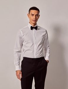 White Poplin Fitted Slim Fit Evening Shirt - Waffle Design Collar and Cuff