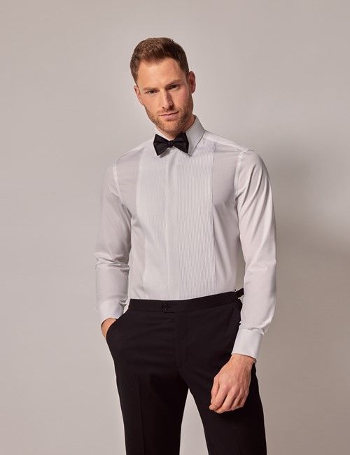 White Pleat Front Fitted Slim Fit Evening Shirt - Double Cuff