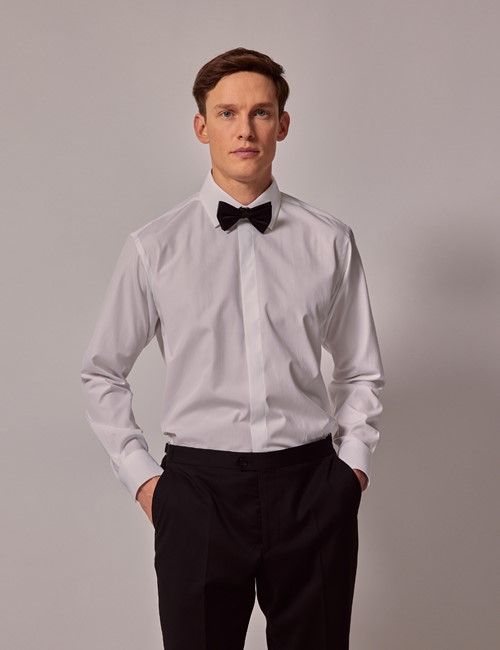 White Poplin Slim Evening Shirt - Waffle Design Collar and Cuff