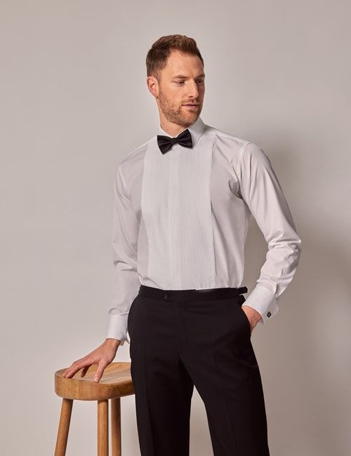 White Pleat Front Slim Fit Evening Shirt - Double Cuff