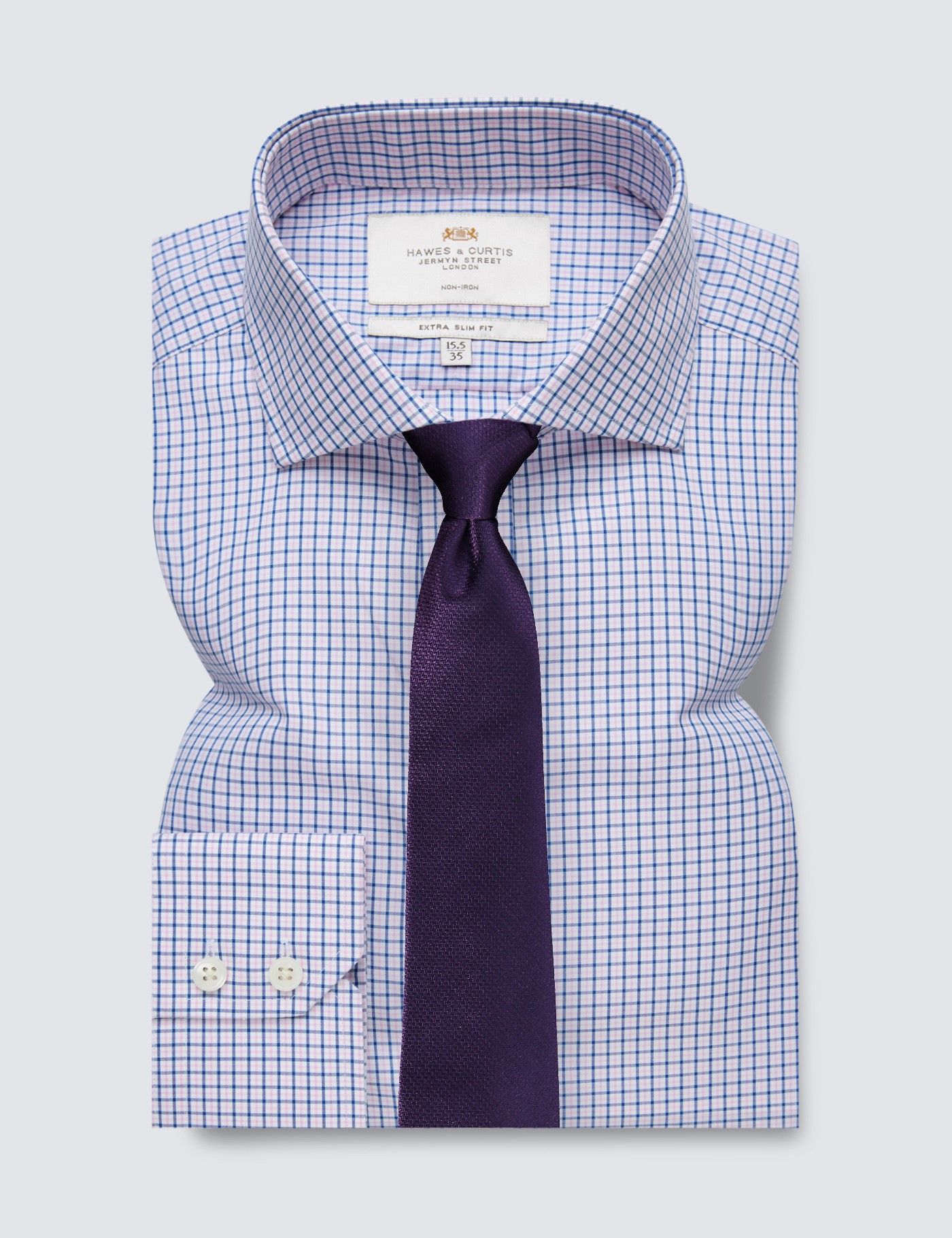 Non-Iron Navy & Pink Plaid Extra Slim Shirt - Windsor Collar