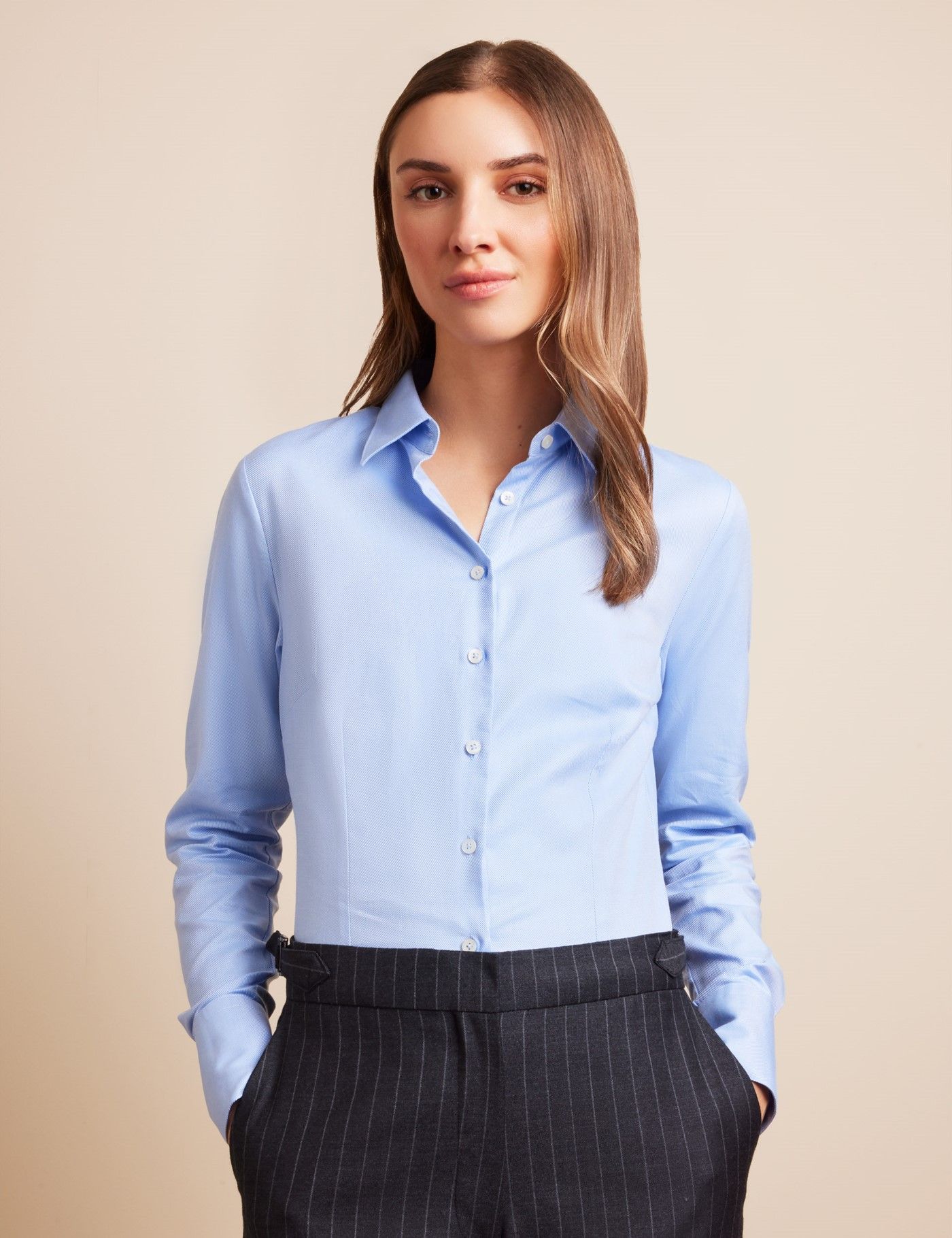Women's Twill Shirt with Single Cuffs in Light Blue