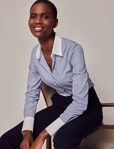 Executive Blue & White Fine Stripe Fitted Shirt With White Collar and Cuffs