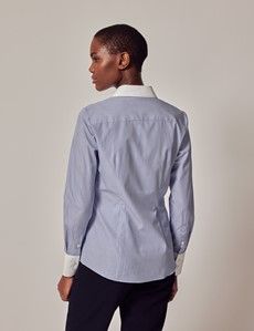 Executive Blue & White Fine Stripe Fitted Shirt With White Collar and Cuffs-preview4