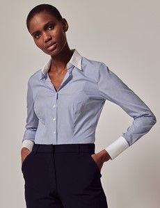 Executive Blue & White Fine Stripe Fitted Shirt With White Collar and Cuffs-preview5
