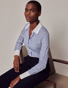 Executive Blue & White Fine Stripe Fitted Shirt With White Collar and Cuffs-preview6