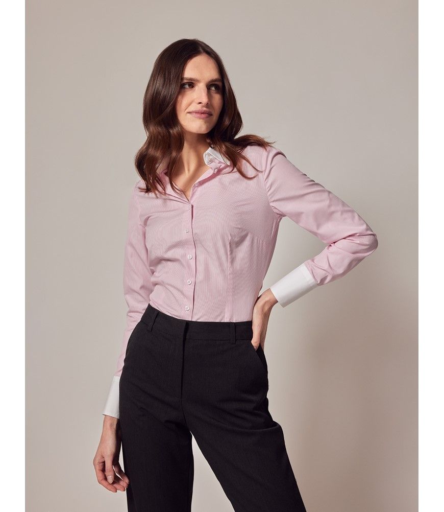 Women's Executive Pink \u0026 White Pin Stripe Fitted Shirt With White Collar  and Cuffs
