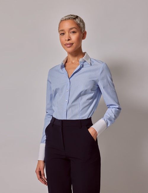 Executive Blue & White Stripe Fitted Shirt - White Collar and Cuffs