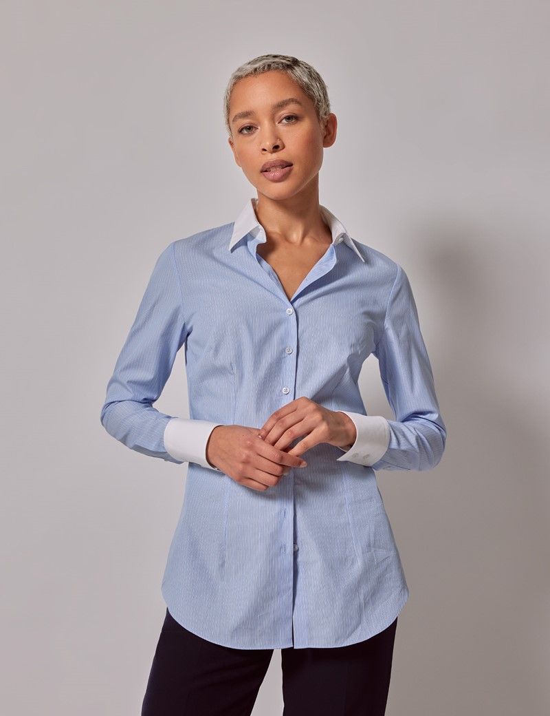 Women s Executive Blue White Stripe Fitted Shirt White Collar and Cuffs