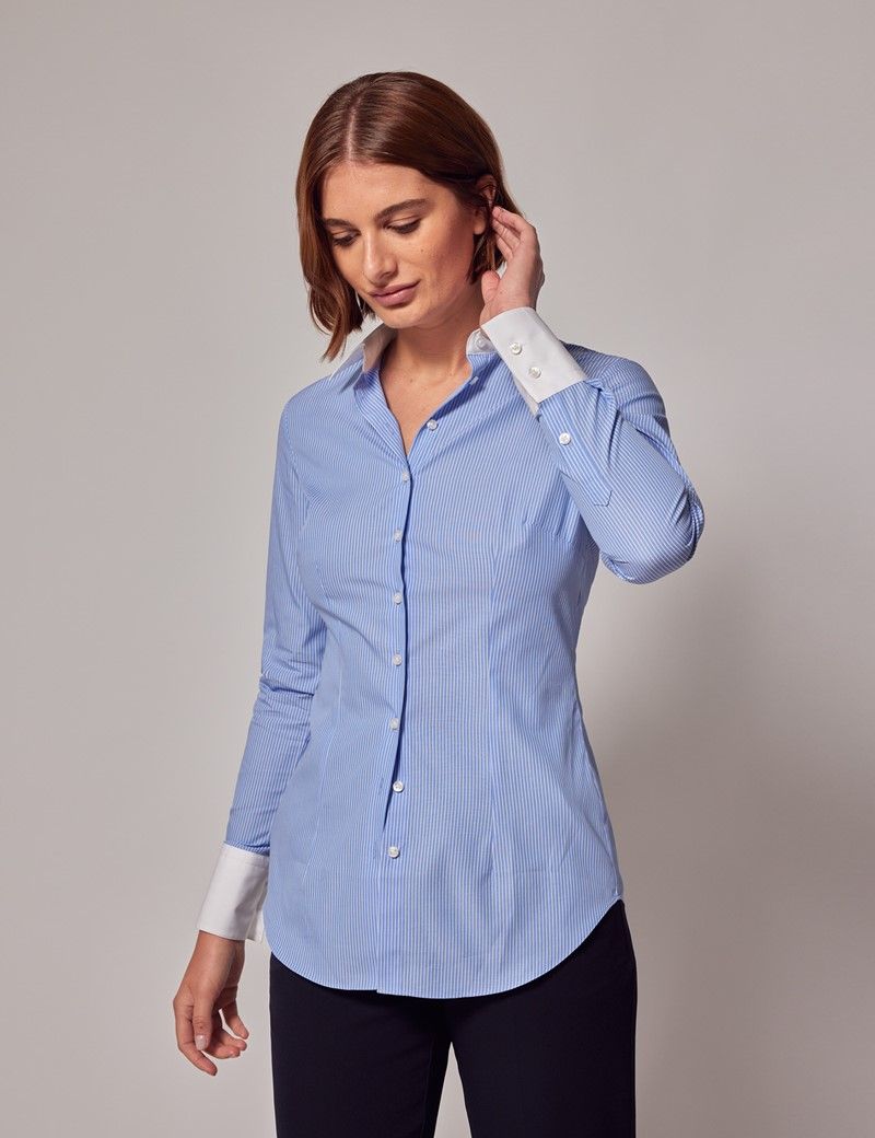 Women's Executive Blue & White Fine Stripe Fitted Shirt - White Collar ...