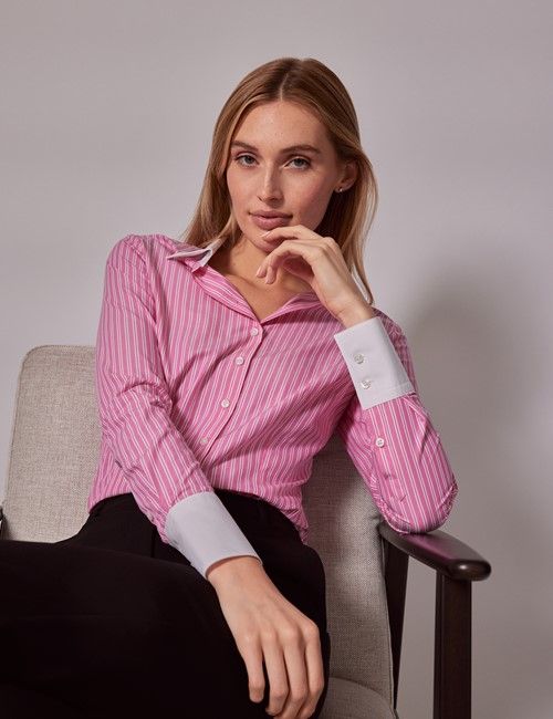 Executive Pink Stripe Fitted Shirt - White Collar and Cuffs