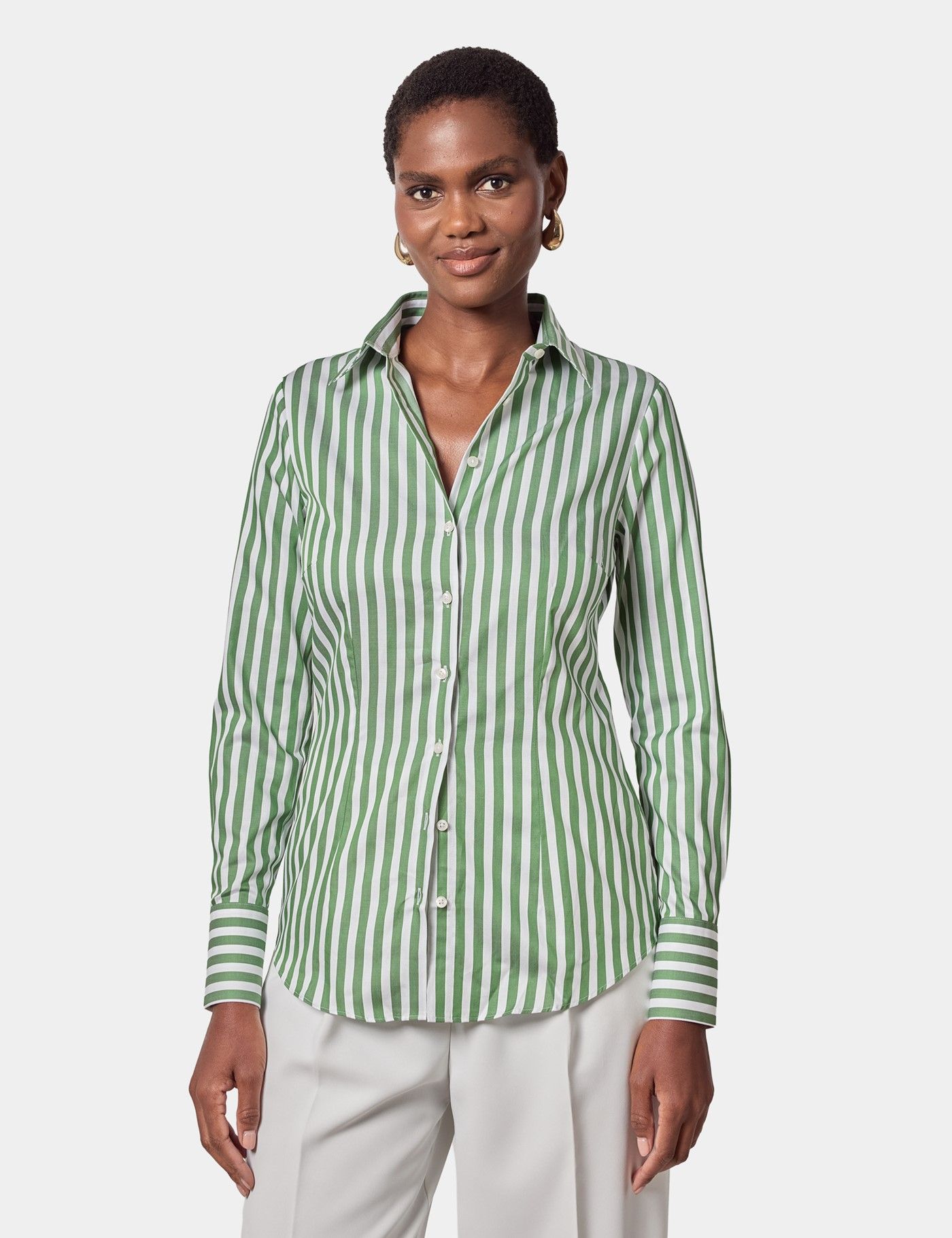 Fitted White & Green Bengal Stripe Executive Shirt