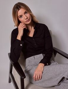 Black Fitted Cotton Stretch Shirt - French Cuff