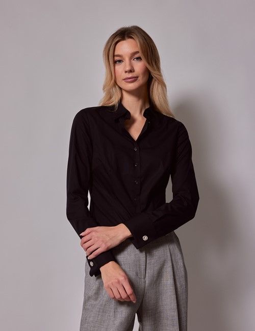 Black Fitted Cotton Stretch Shirt - French Cuff