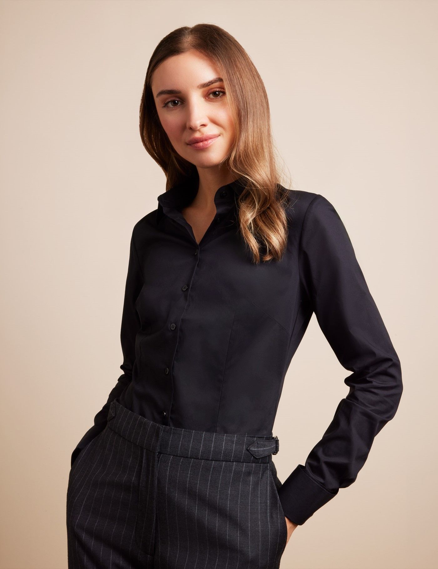 Women's Black Fitted Cotton Stretch Shirt - Double Cuffs | Hawes & Curtis