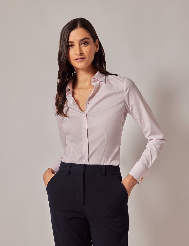 Pink Fitted Cotton Stretch Shirt Double Cuff