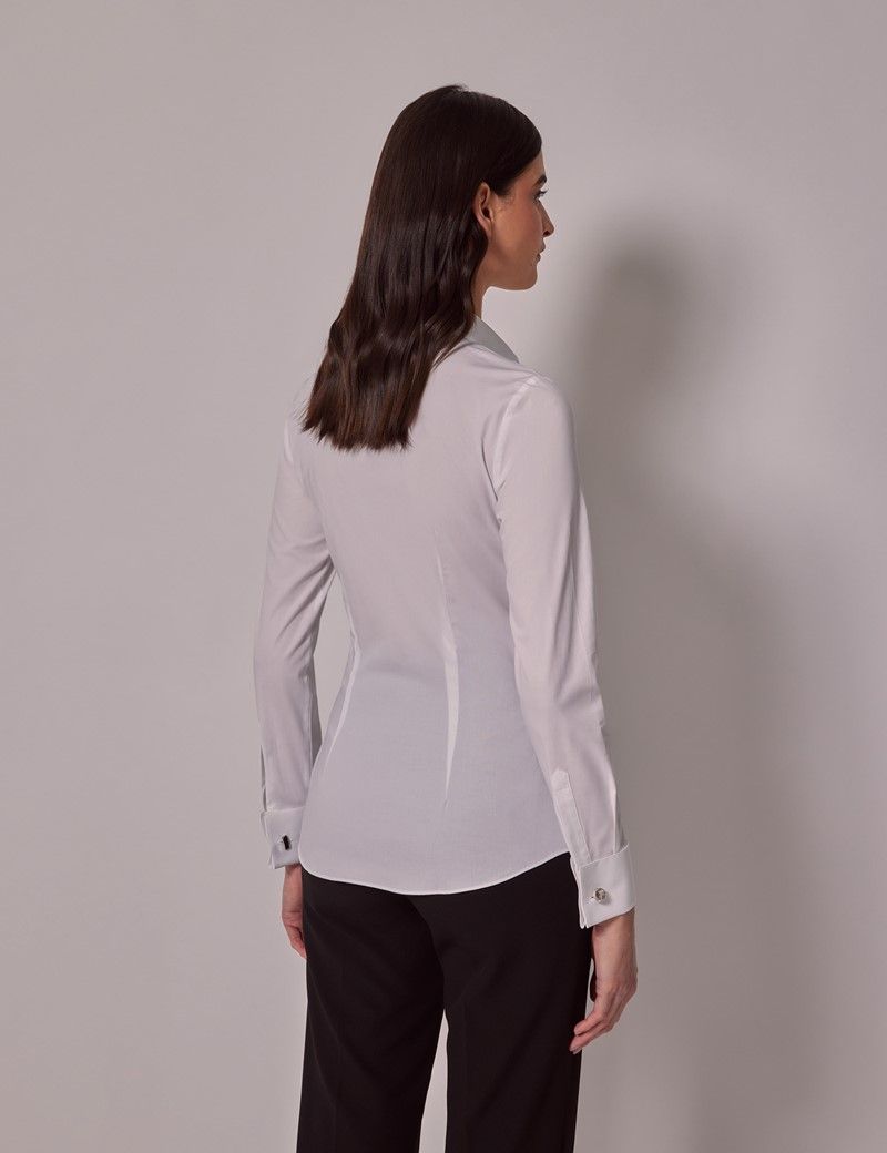 Women's White Fitted Cotton Stretch Shirt - Double Cuffs | Hawes & Curtis