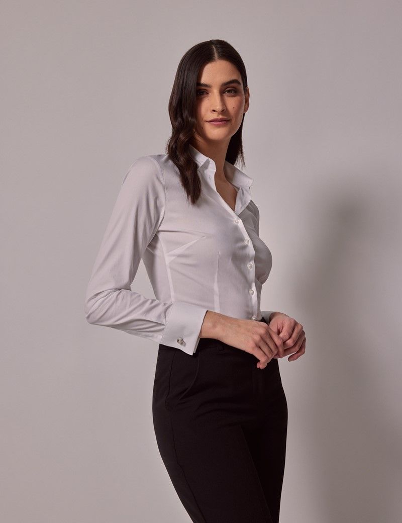 Women's White Fitted Cotton Stretch Shirt - Double Cuffs | Hawes & Curtis