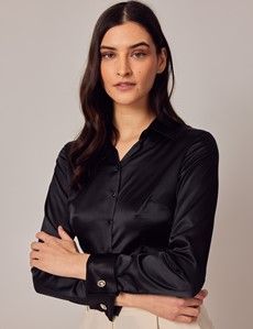 Black Fitted Satin Shirt - Double Cuff-preview2