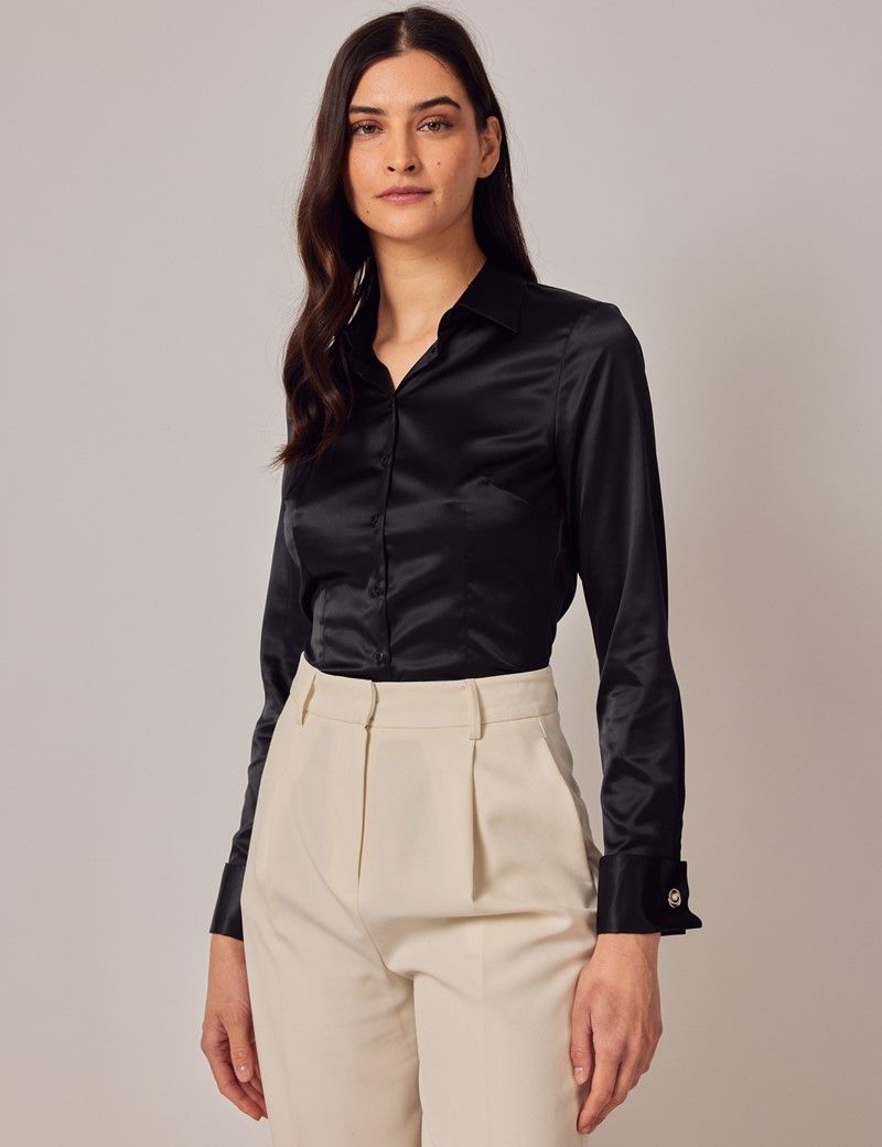 Women s Black Fitted Satin Shirt Double Cuffs