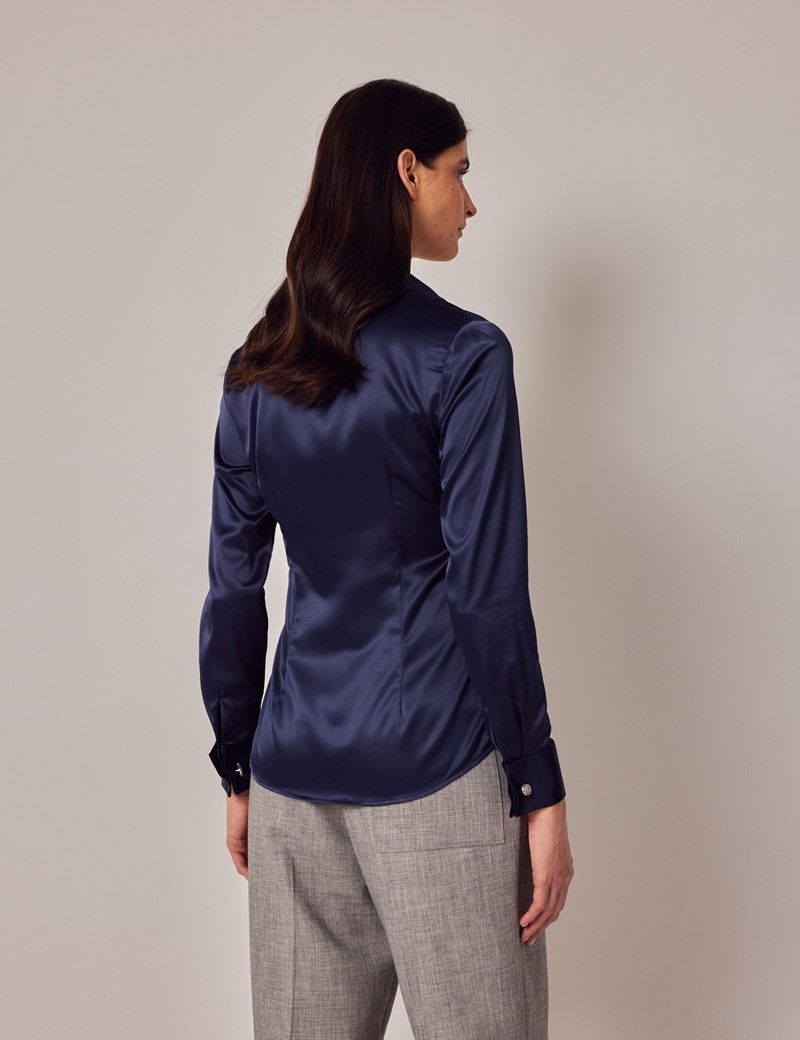 Women's Navy Fitted Satin Shirt - Double Cuff | Hawes & Curtis