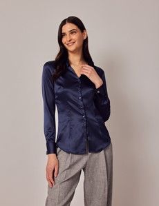 Navy Fitted Satin Shirt - Double Cuff-preview4