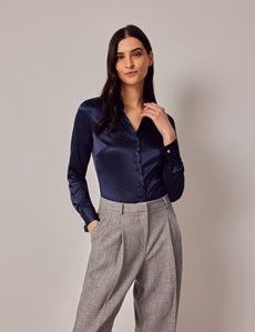 Navy Fitted Satin Shirt - Double Cuff