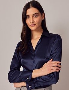 Navy Fitted Satin Shirt - Double Cuff-preview5