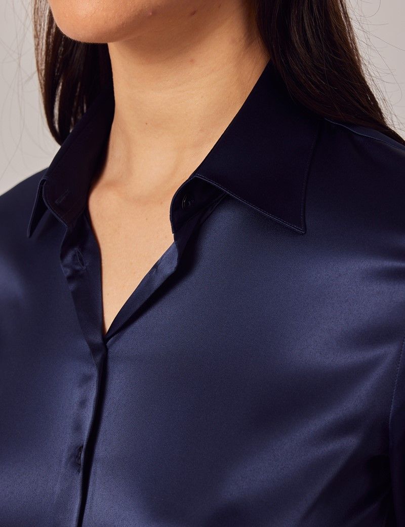 Women's Navy Fitted Satin Shirt - Double Cuff | Hawes & Curtis