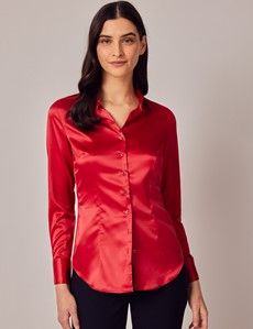 Red Fitted Satin Shirt - Double Cuff-preview5