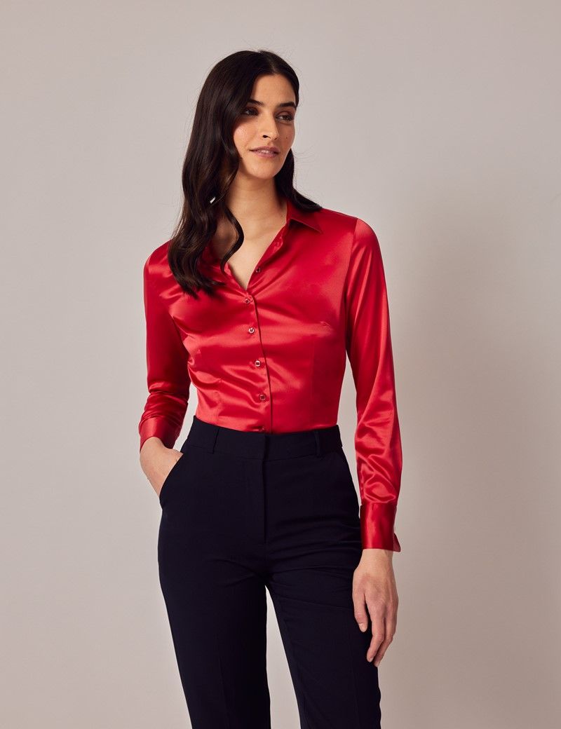 Women's Red Fitted Satin Shirt - Double Cuffs