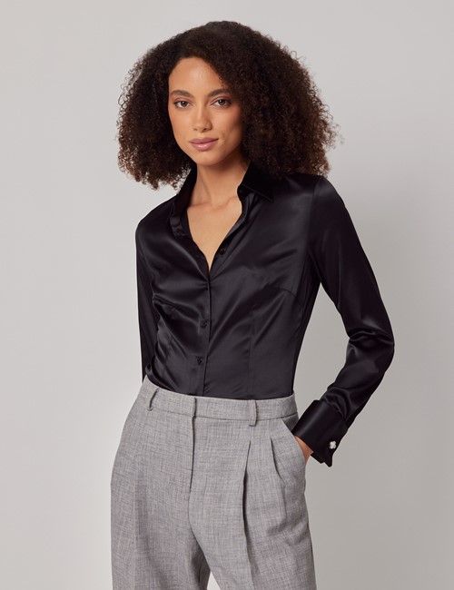 Black Fitted Satin Shirt - Double Cuff
