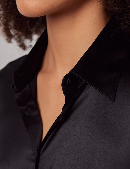 Black Fitted Satin Shirt - Double Cuff-preview