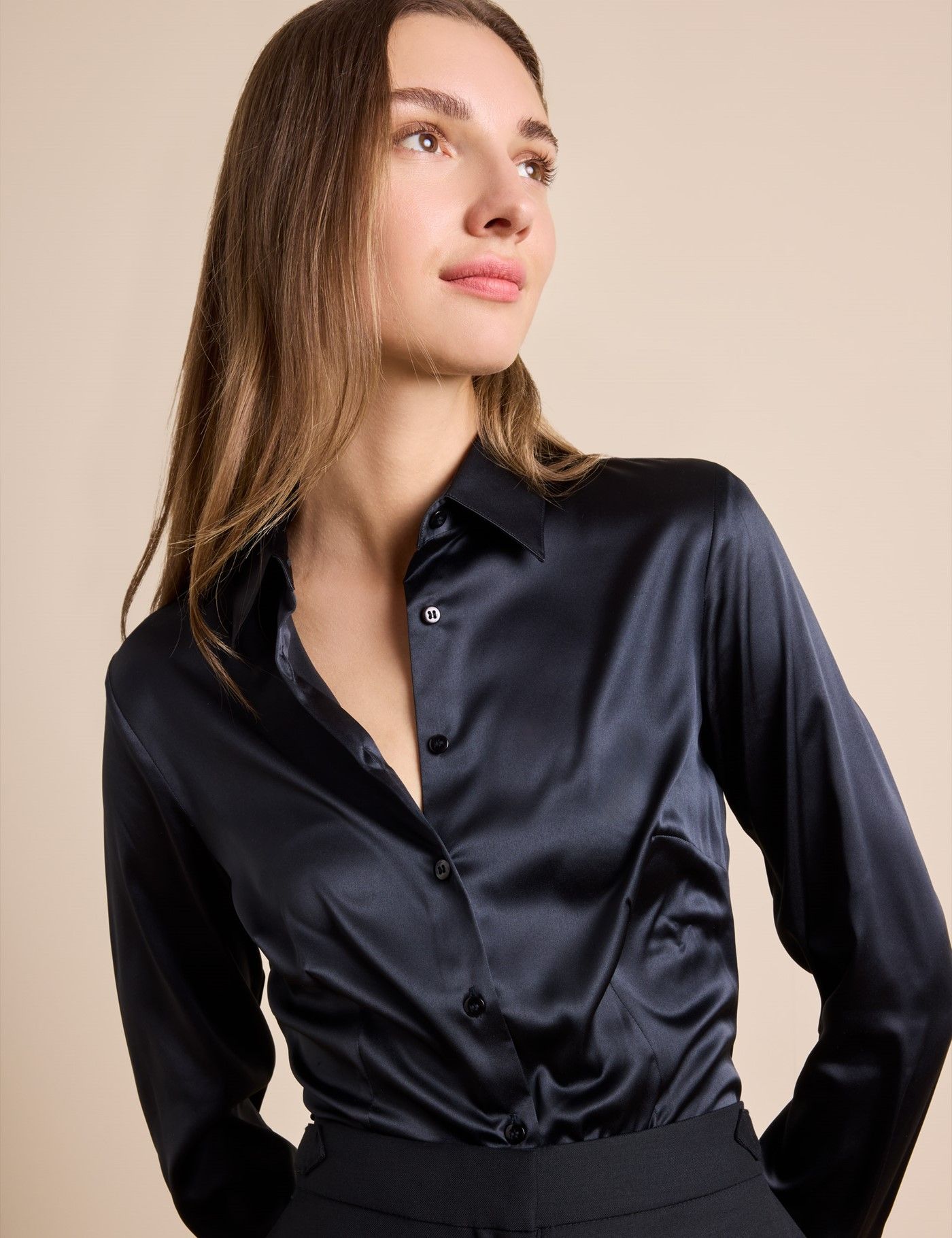 Women's Black Fitted Satin Shirt - Double Cuff | Hawes & Curtis