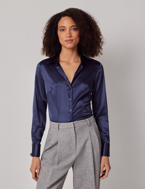 Navy Fitted Satin Shirt - Double Cuff