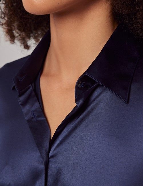 Navy Fitted Satin Shirt - Double Cuff-preview