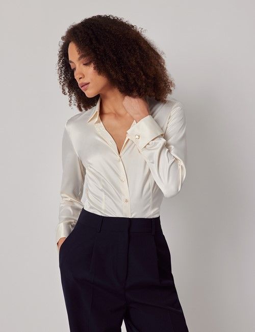 Cream Fitted Satin Shirt - Double Cuff