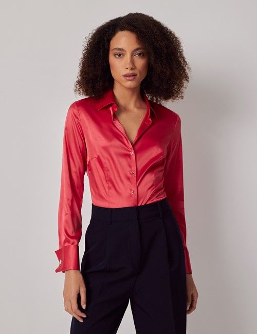 Red Fitted Satin Shirt - Double Cuff
