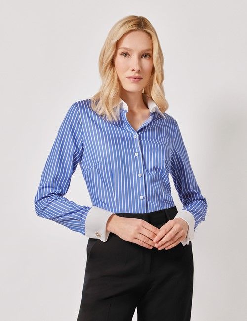 Executive Blue & White Bengal Stripe Fitted Shirt - White Collar and Cuffs