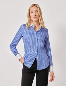 Executive Blue & White Bengal Stripe Fitted Shirt - White Collar and Cuffs-preview2