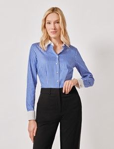 Executive Blue & White Bengal Stripe Fitted Shirt - White Collar and Cuffs-preview5