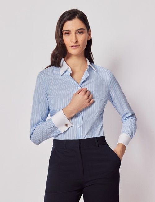 Executive Blue & White Medium Stripe Fitted Shirt - White Collar and Cuffs