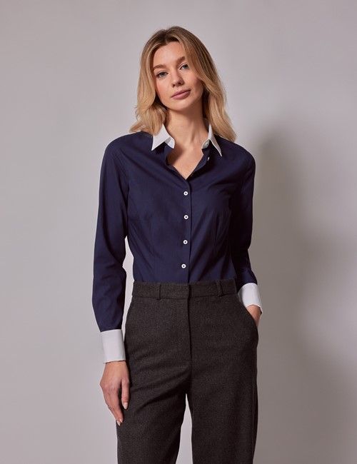 Executive Navy End on End Fitted Shirt With White Collar and Double Cuff