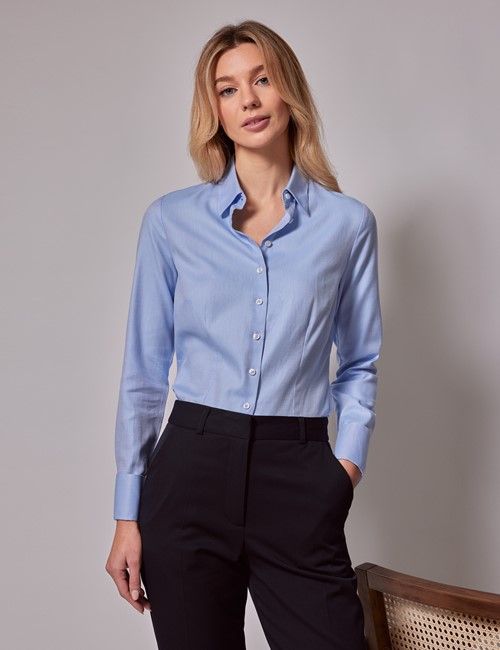 Executive Light Blue Twill Cotton Fitted Shirt - Double Cuff