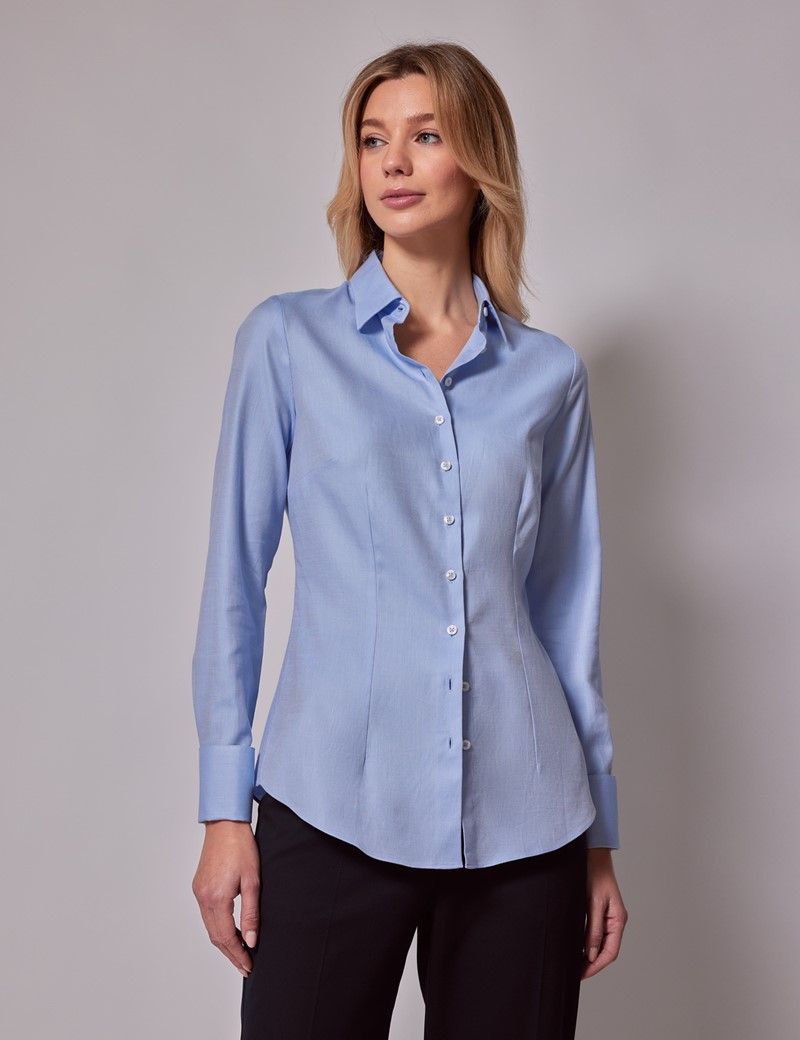 Women s Executive Light Blue Twill Fitted Shirt Double Cuffs Hawes Curtis