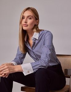 Executive Blue & White Fine Stripe Fitted Shirt - White Collar and Cuffs