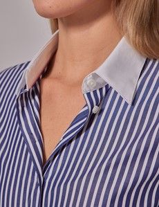 Executive Blue & White Fine Stripe Fitted Shirt - White Collar and Cuffs-preview1