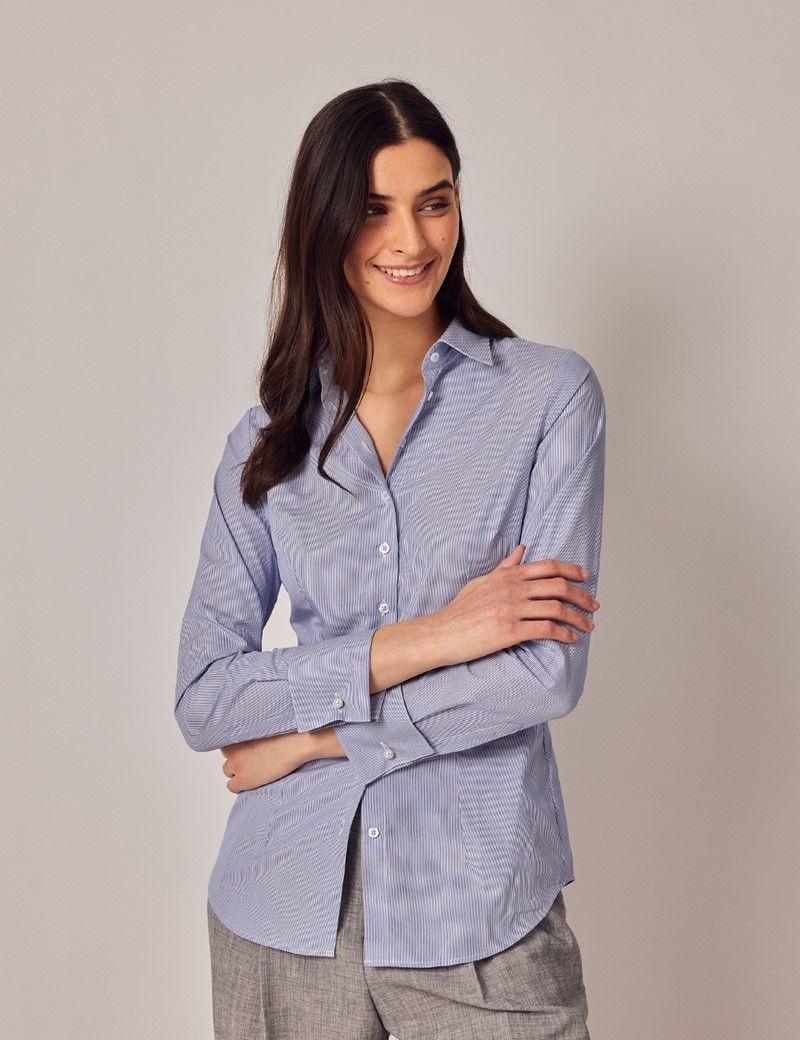 Women's Blue & White Fine Stripe Fitted Shirt - Double Cuffs